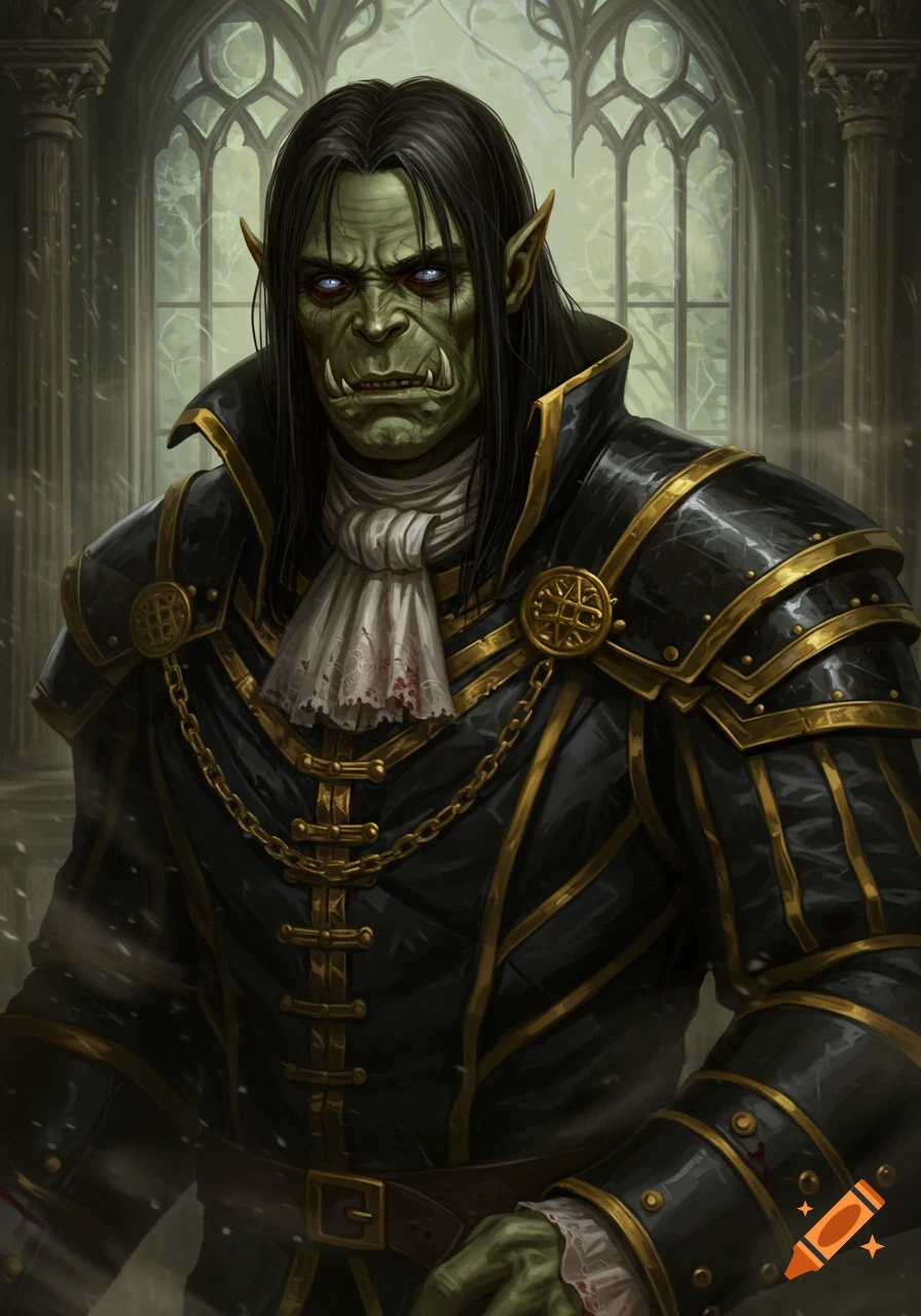 Detailed fantasy portrait of an orcish man with long dark hair, green skin, tusks, glowing blue eyes, in black and gold noble attire, against gothic window.