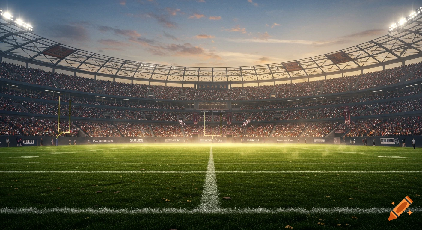 A photorealistic view of an American football stadium from the field, showing the goalposts, illuminated stands packed with fans, and a glowing sunset sky.