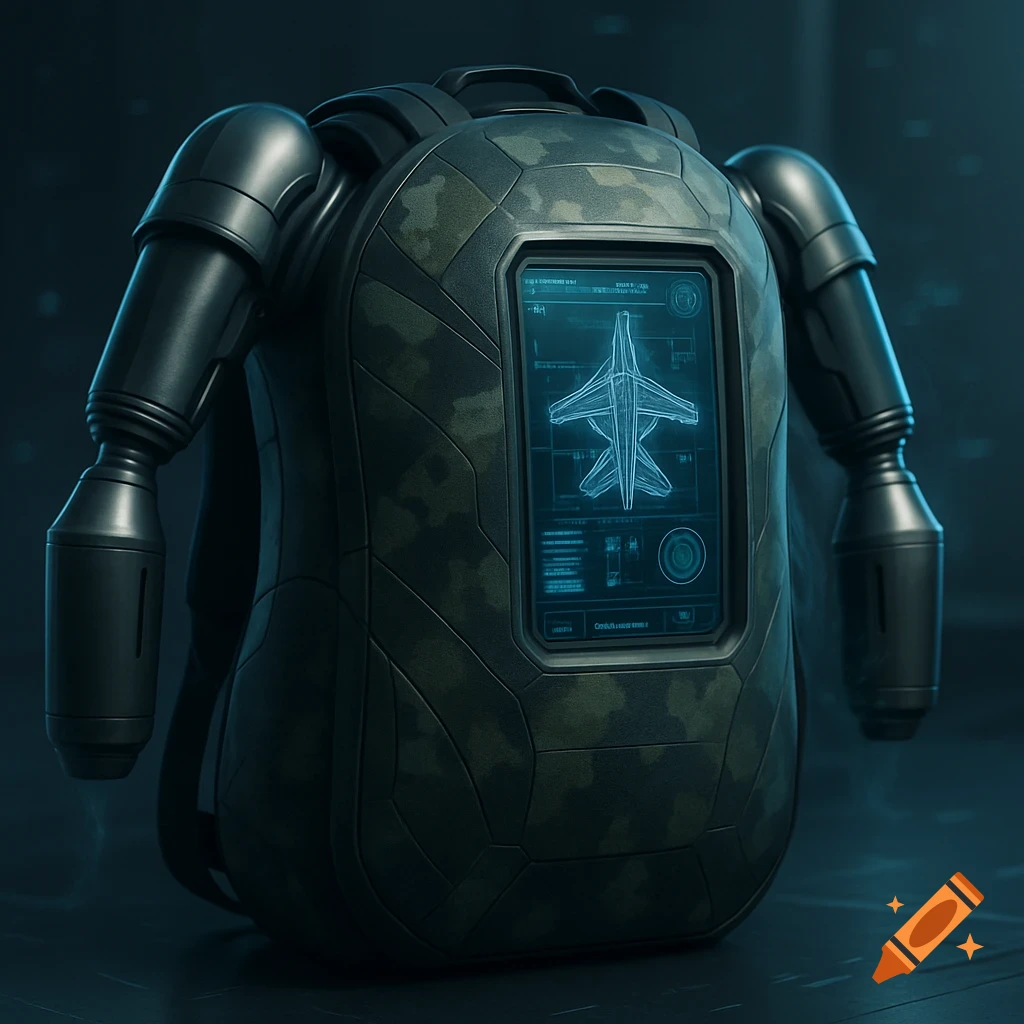 A camouflaged jetpack backpack features metallic arms and a glowing blue touchscreen displaying a detailed blueprint of an aircraft.