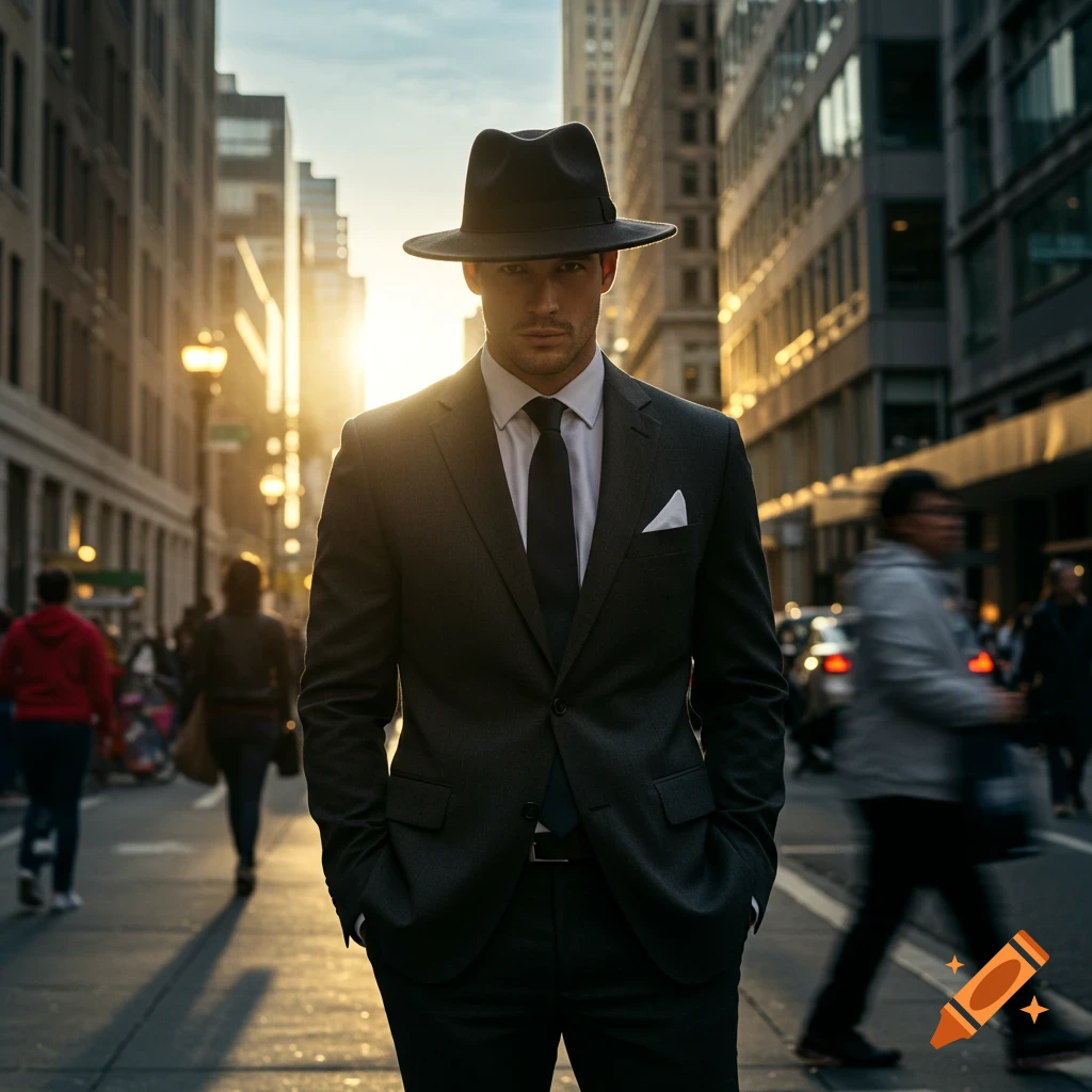 Photorealistic image of a man in a dark suit and fedora hat, hands in pockets, standing on a sunny city street.