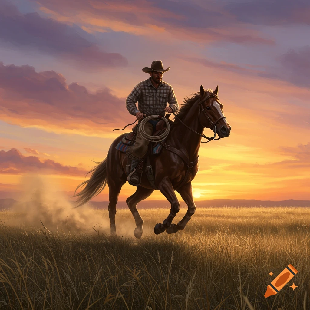 A cowboy on horseback gallops through a grassy field at sunset, kicking up dust.