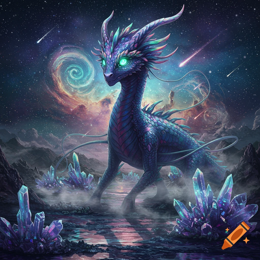 A majestic blue and purple dragon with glowing green eyes stands amidst luminous crystals under a starry cosmic sky.