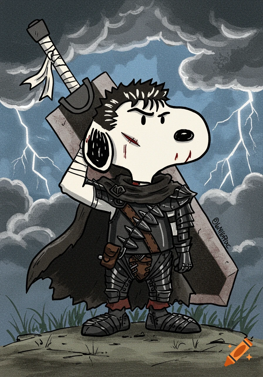 Snoopy dressed as Guts from Berserk, standing under a stormy sky with lightning.