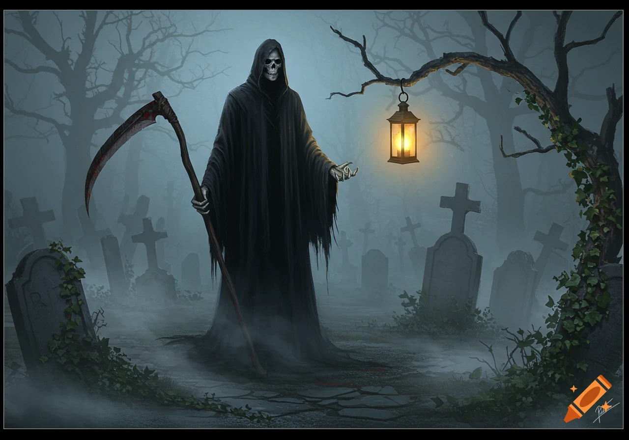 The Grim Reaper stands in a foggy cemetery, holding a scythe and a glowing lantern.