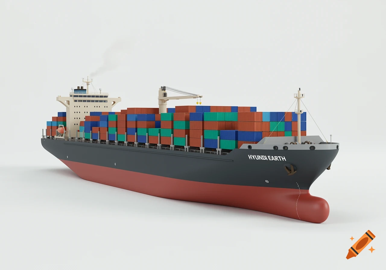 A 3D rendered container ship with a dark hull, red bottom, and stacked colorful containers, featuring 'HYUNDI EARTH' on the bow, against a white background.