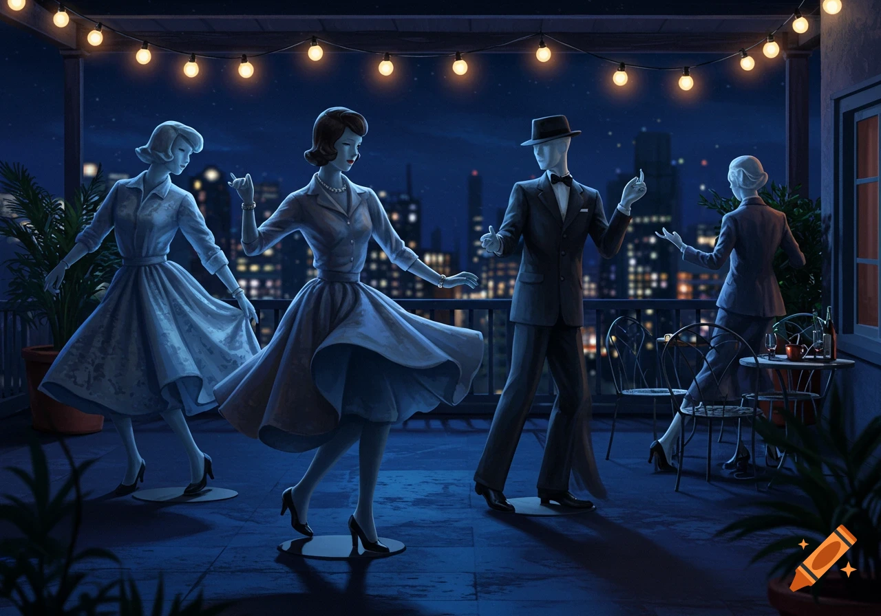 1950s-style mannequins dance on a rooftop patio at night, with city lights in the background and string lights overhead.