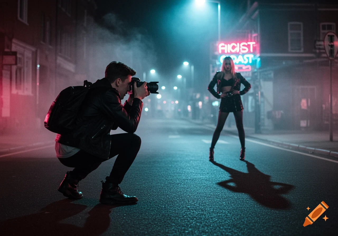 A photographer in a leather jacket crouches on a city street at night, capturing a model in a short skirt under neon lights.