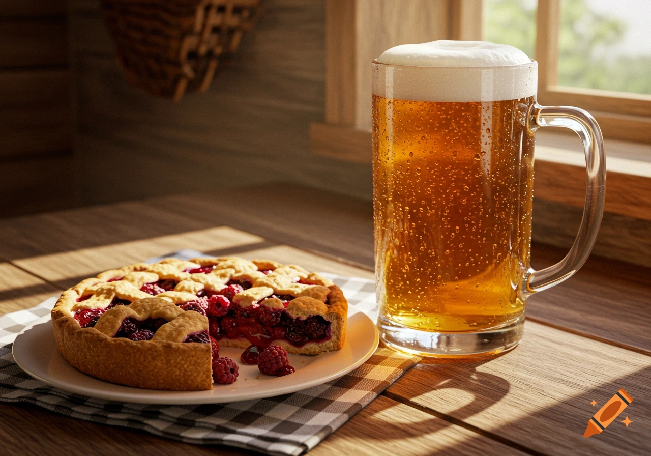 Photorealistic image of a sliced berry pie and a frothy glass of beer on a wooden table by a sunny window.