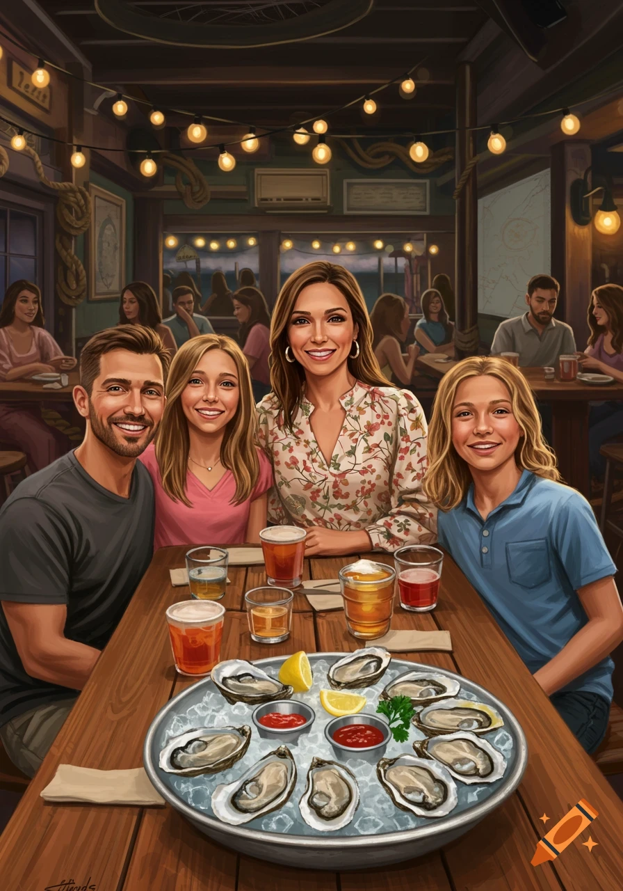 A smiling family of four sitting at a wooden table in a dimly lit restaurant, with a large platter of oysters and drinks.