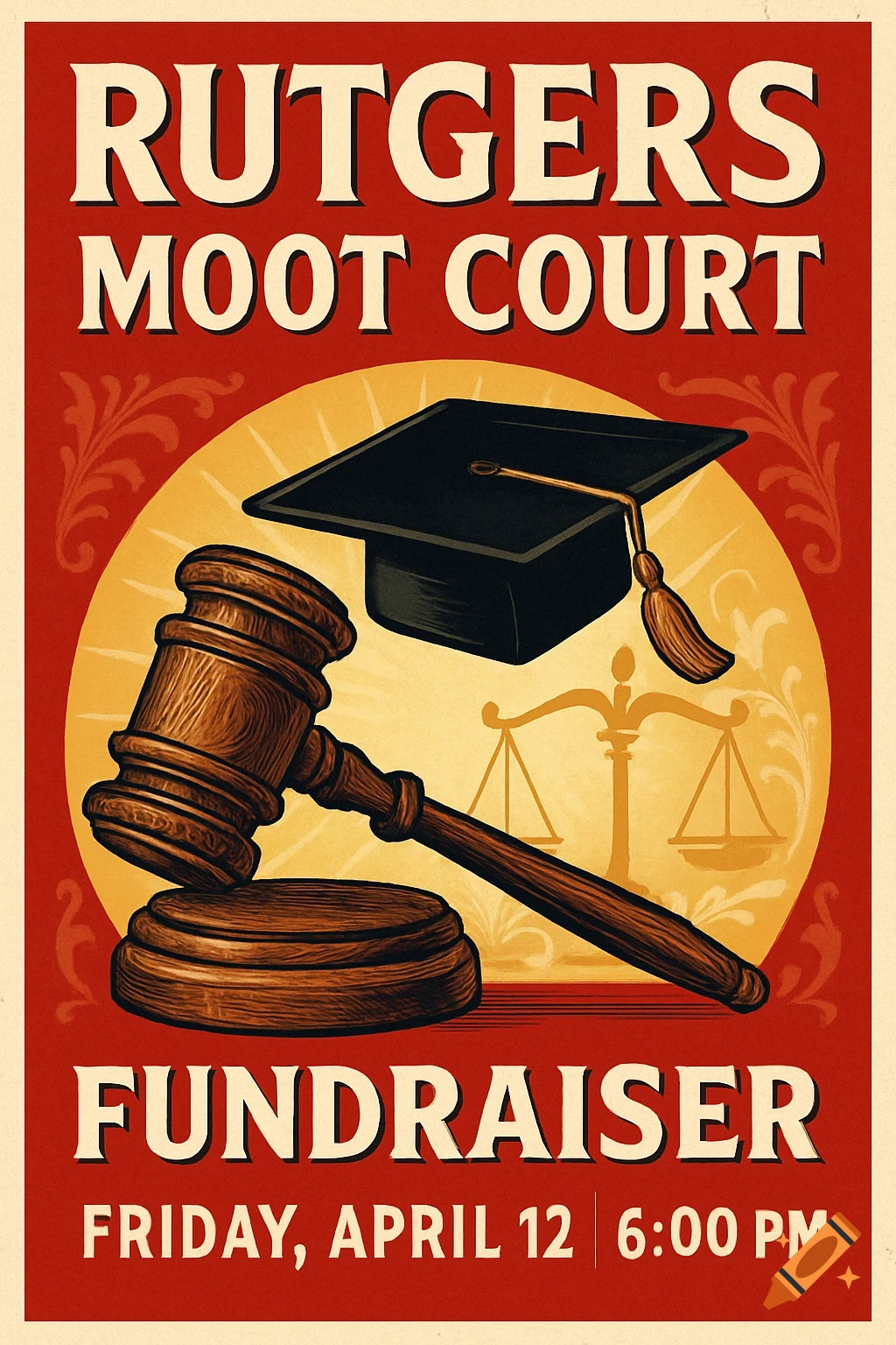A vintage-style poster advertising a Rutgers Moot Court Fundraiser, featuring a gavel, a graduation cap, and scales of justice on a red and gold background with text.