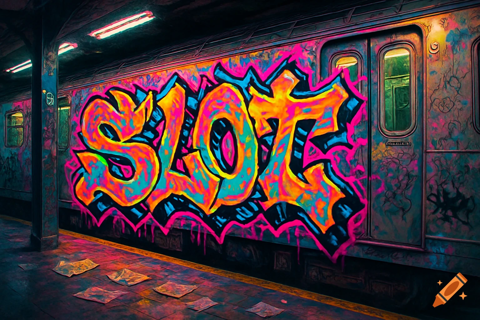 A vibrant, colorful wildstyle graffiti spelling 'SLOT' covers the side of a subway car in a dark NYC subway station.