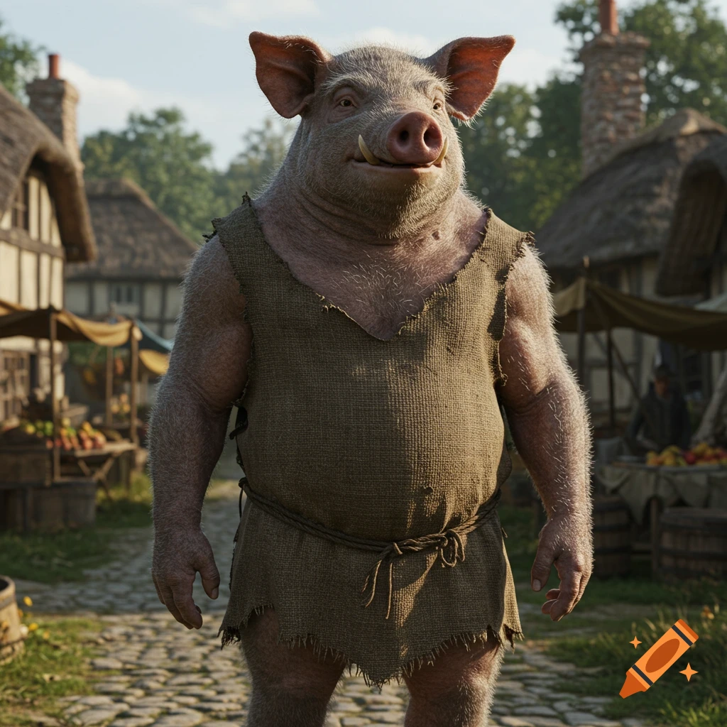 A photorealistic pigman with tusks and a ragged tunic stands in a bustling medieval village market.