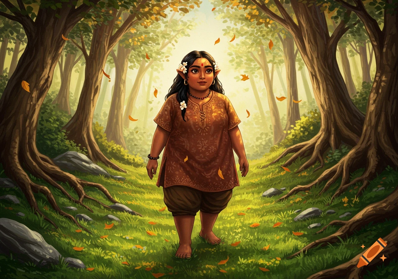 A stout South Asian hobbit woman with dark hair and flowers walks barefoot through a vibrant forest with autumn leaves.
