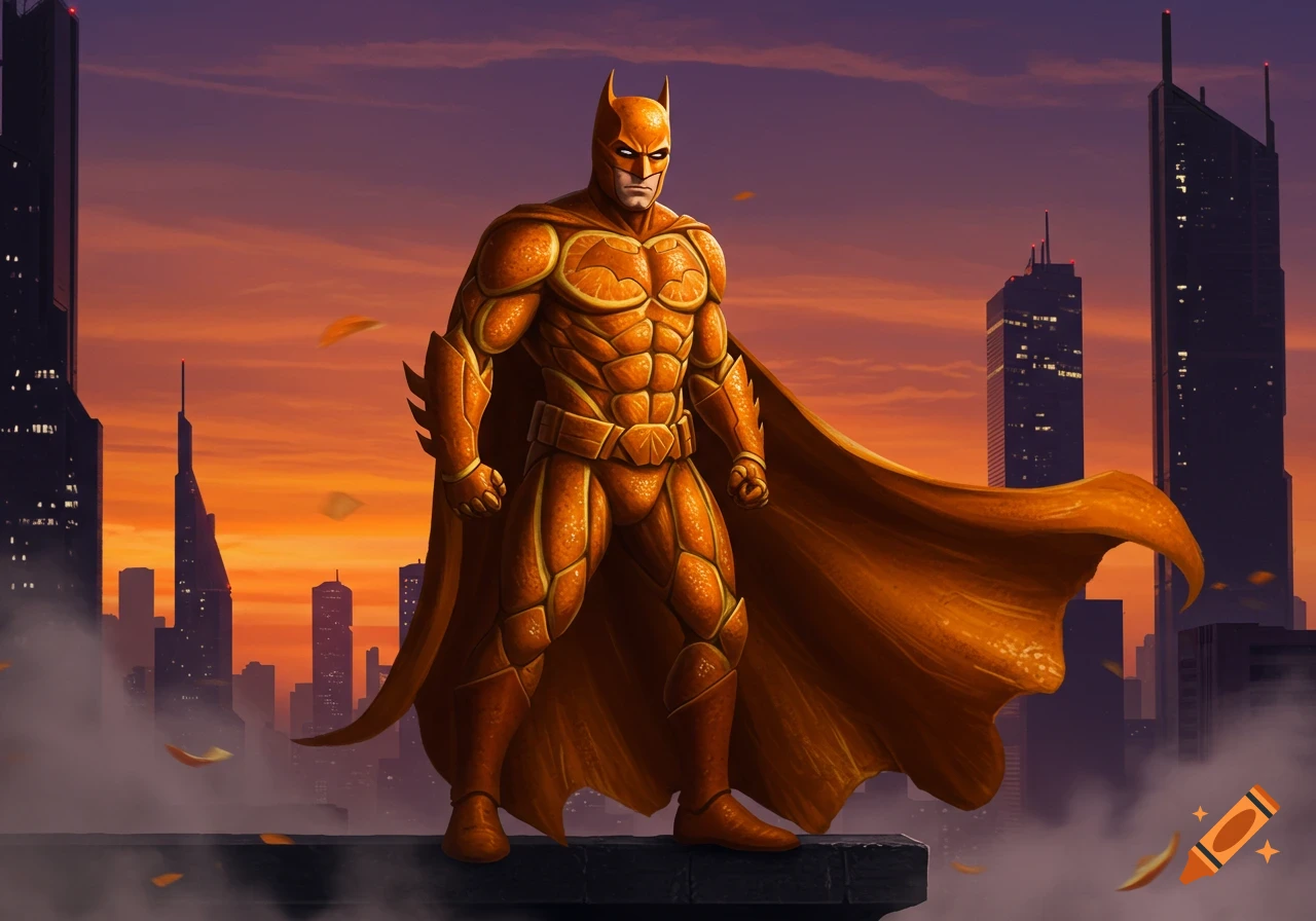 A Batman-style character in an orange peel suit stands on a rooftop at sunset, overlooking a city skyline.