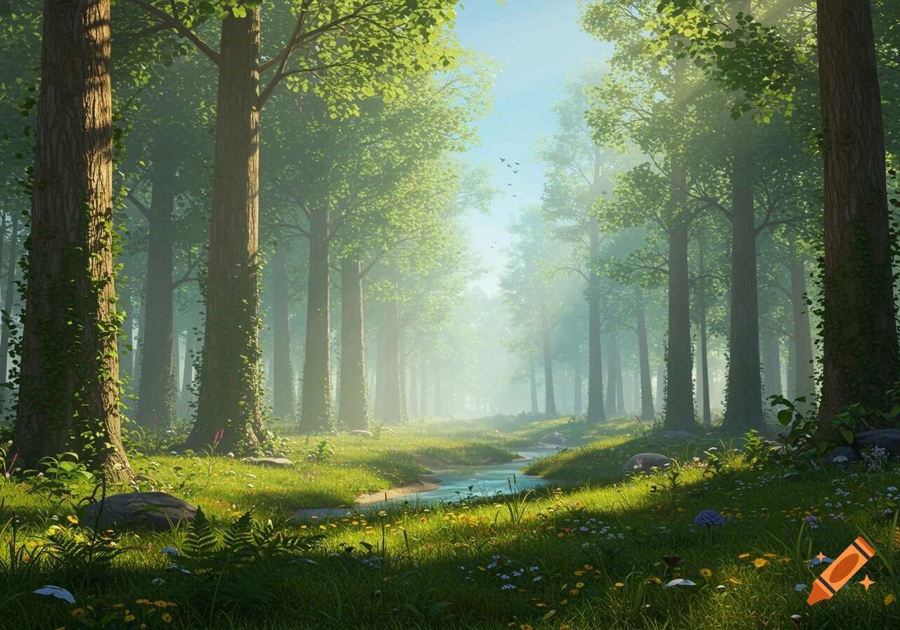 Sunlit forest with tall trees, lush green grass, a small stream, and wildflowers, under a clear blue sky.