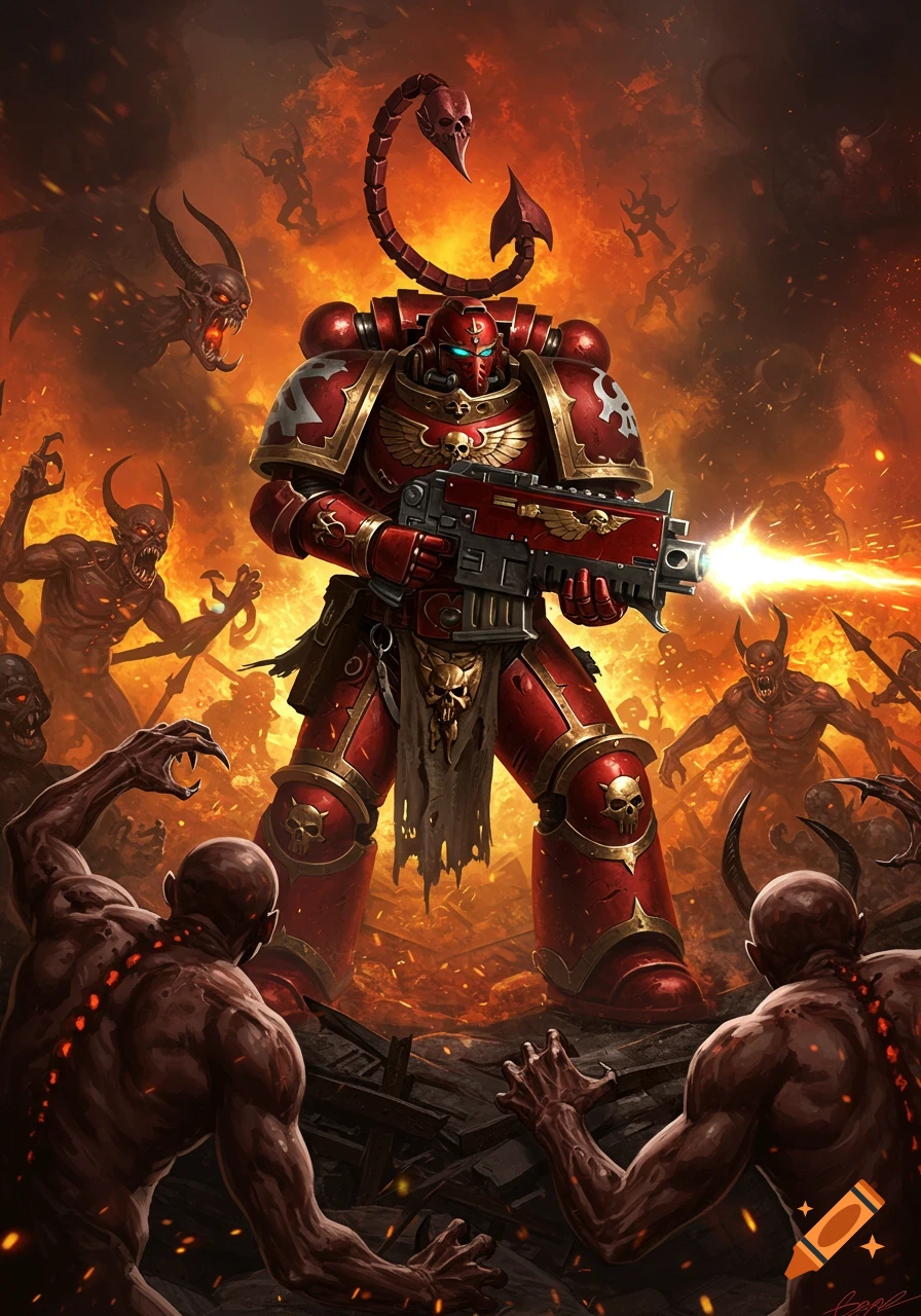 A red armored Space Marine with a scorpion tail and gun, fighting a horde of horned demons in a fiery, hellish landscape.