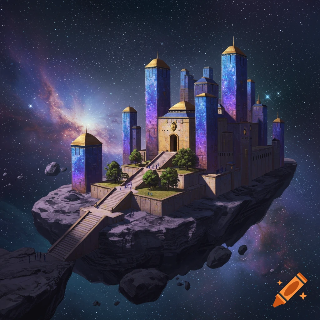 A majestic fortress with blue and purple glowing towers and gold trim on a floating rock in a vibrant starry galaxy.