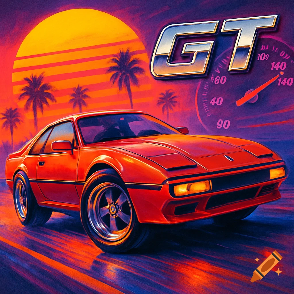 Red 1980s sports car on a synthwave road with a large setting sun, palm trees, and GT logo.
