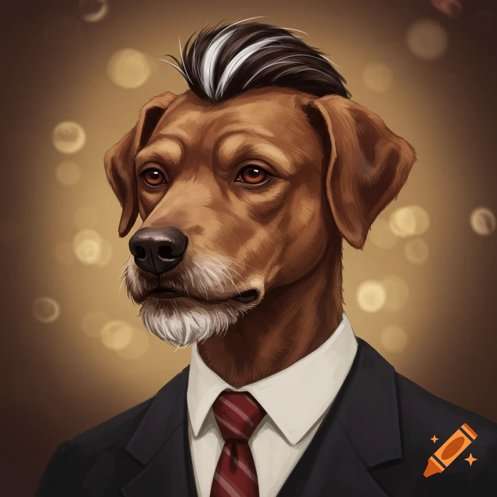 A stylized, semi-realistic portrait of a brown dog with a white beard, wearing a suit and tie, with a black and white spiked mohawk.