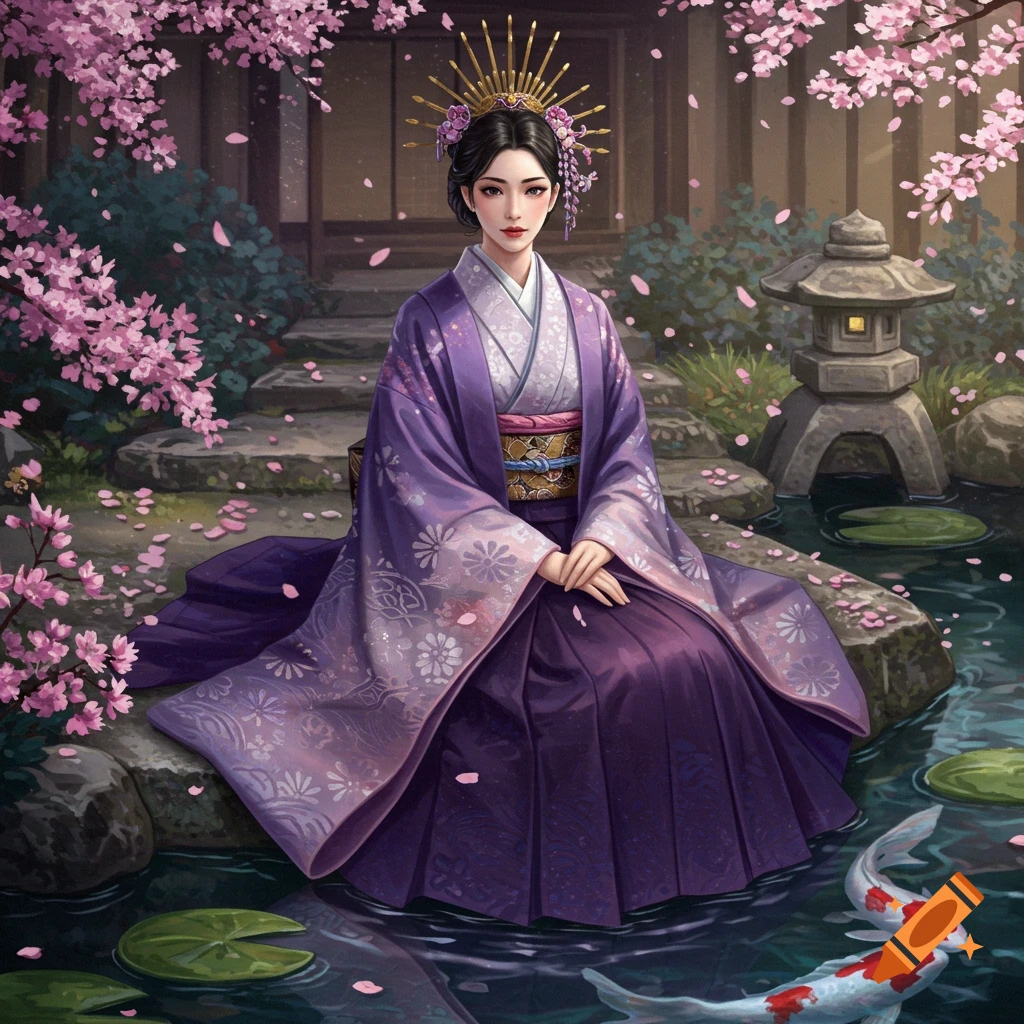 A woman in a purple Junihitoe sits by a pond with koi fish and cherry blossoms in a traditional Japanese garden.