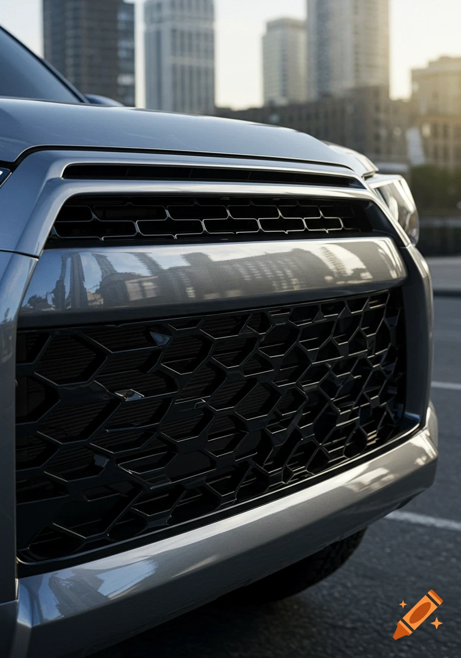 Close-up of the front grill of a gray Toyota 4Runner with hexagonal mesh, cityscape in background.