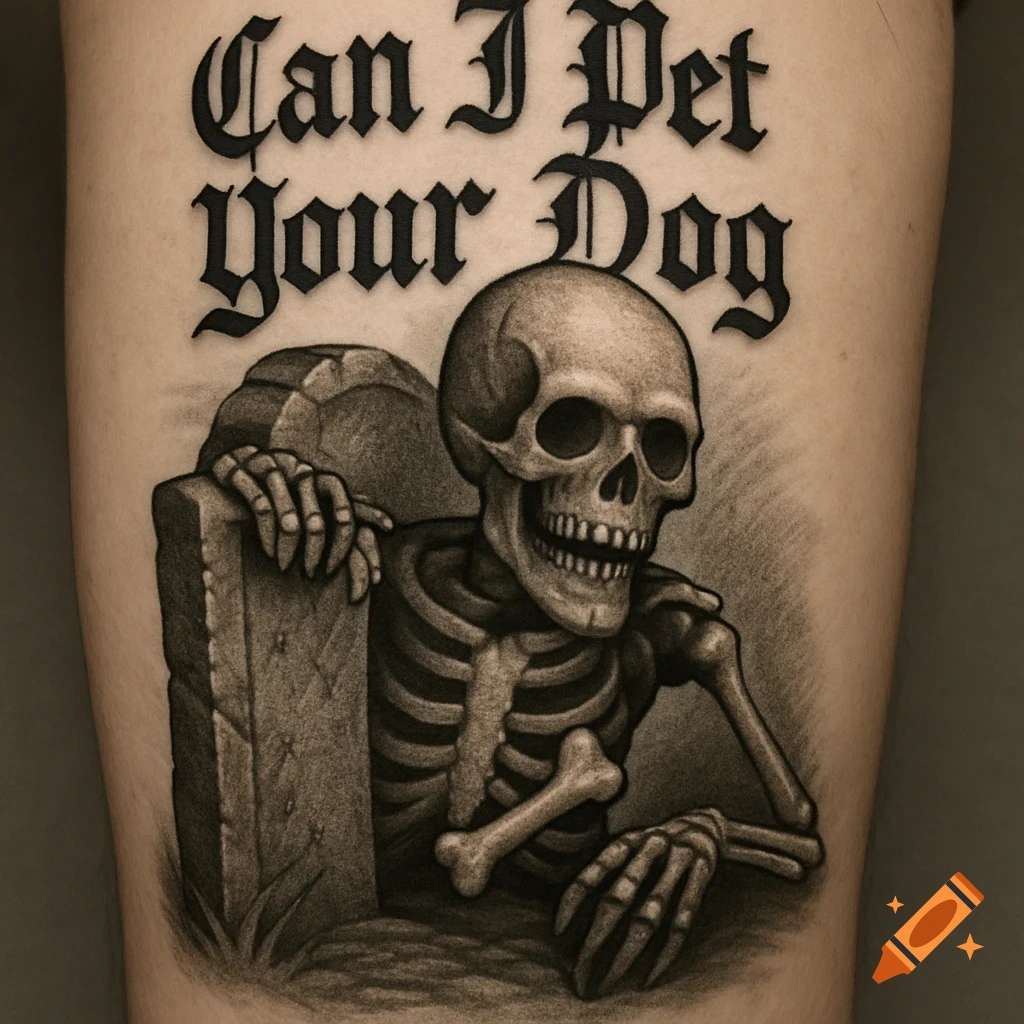 A black and gray tattoo on skin depicts a skeleton emerging from a tombstone, with the words 'Can I Pet Your Dog' in gothic script above it.