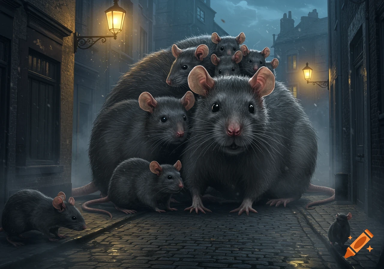 A group of large, grey rats gather in a dark, cobbled city alley lit by streetlights.