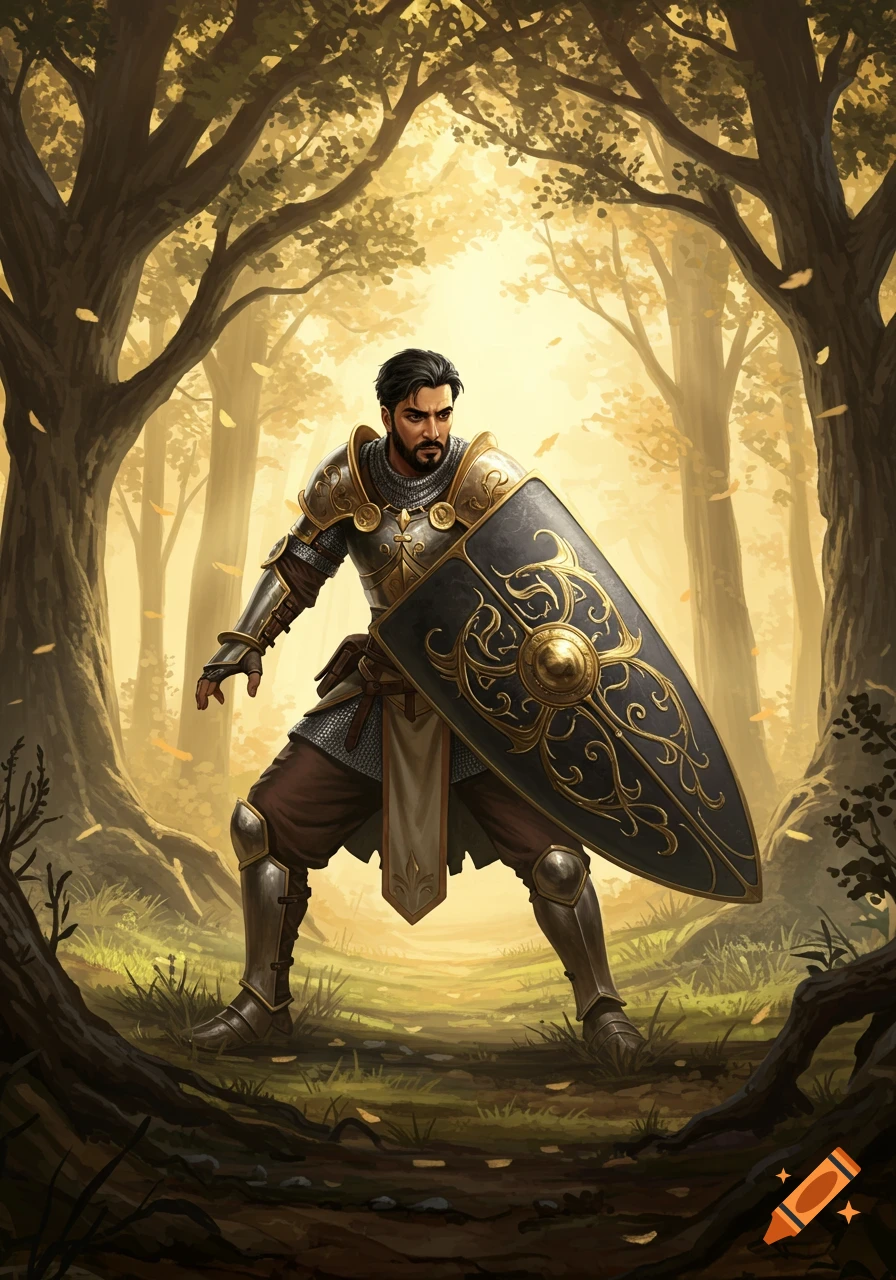 A knight in gold and silver armor holding a shield stands in a sunlit fantasy forest.
