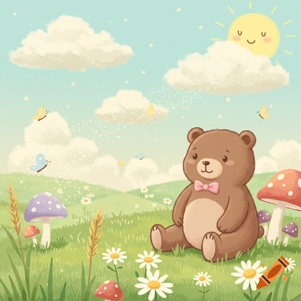 A cute brown teddy bear with a pink bow tie sits in a green field with colorful mushrooms, daisies, and butterflies under a smiling sun in a whimsical illustration.