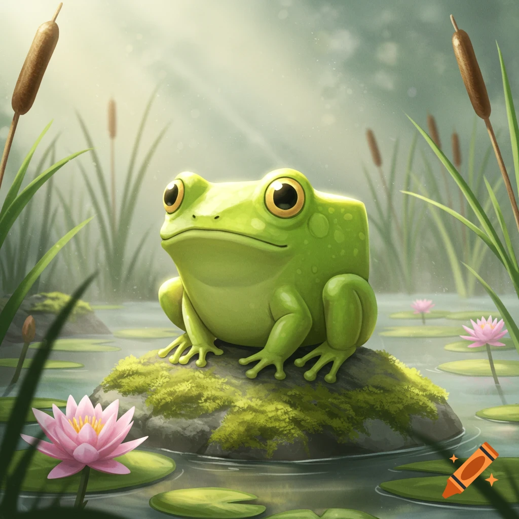 A cute, box-shaped green frog sits on a mossy rock in a sunny pond with lily pads and cattails.