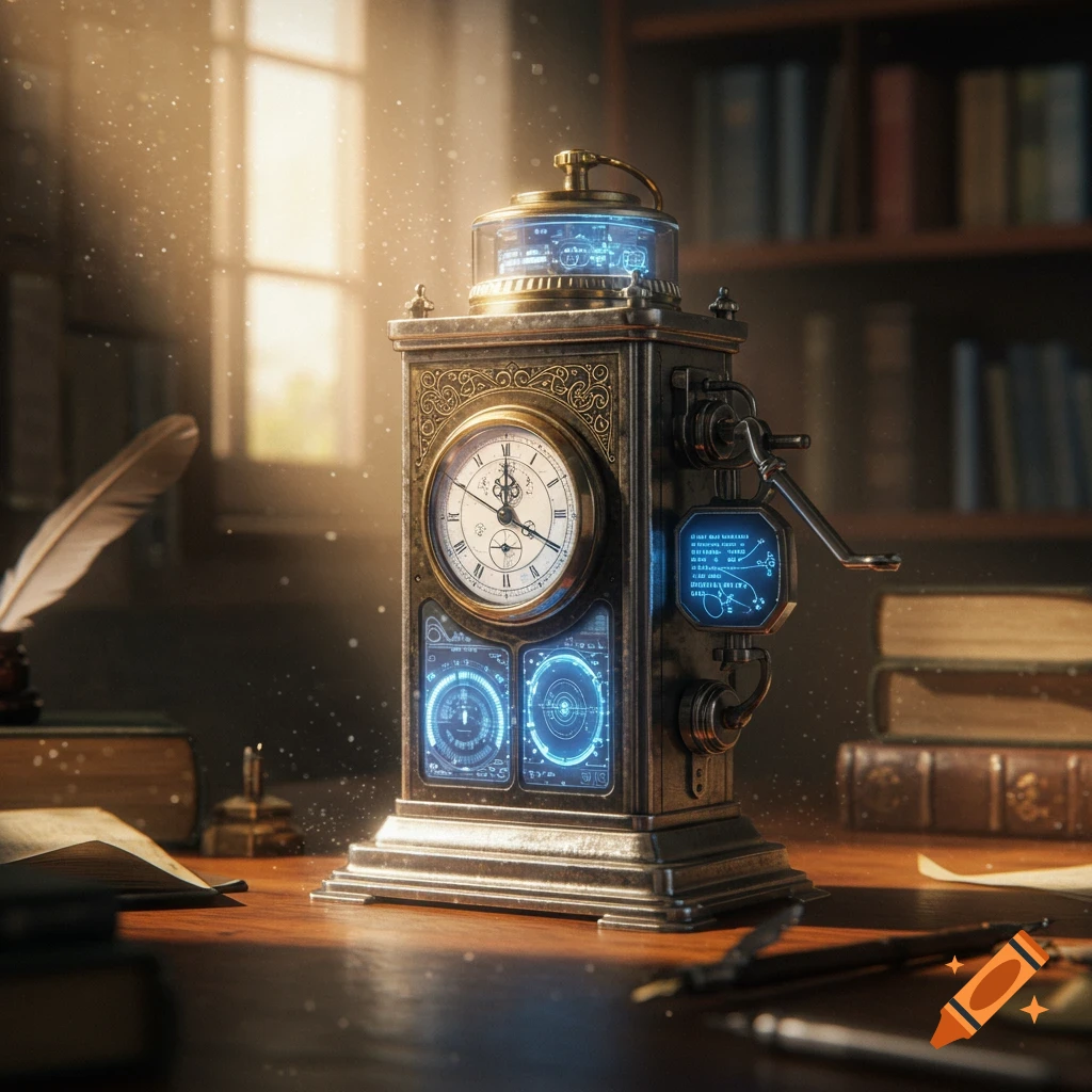A detailed steampunk-style timer with glowing blue screens sits on a wooden desk with a quill pen and books, bathed in sunlight.