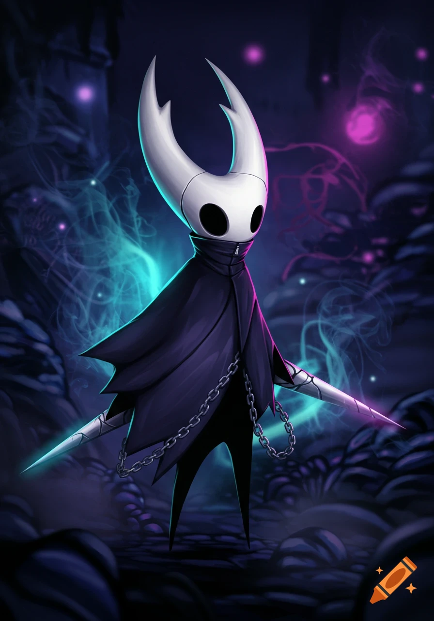 The Hollow Knight character with glowing weapons and a dark cape, in a shadowy, mystical setting.