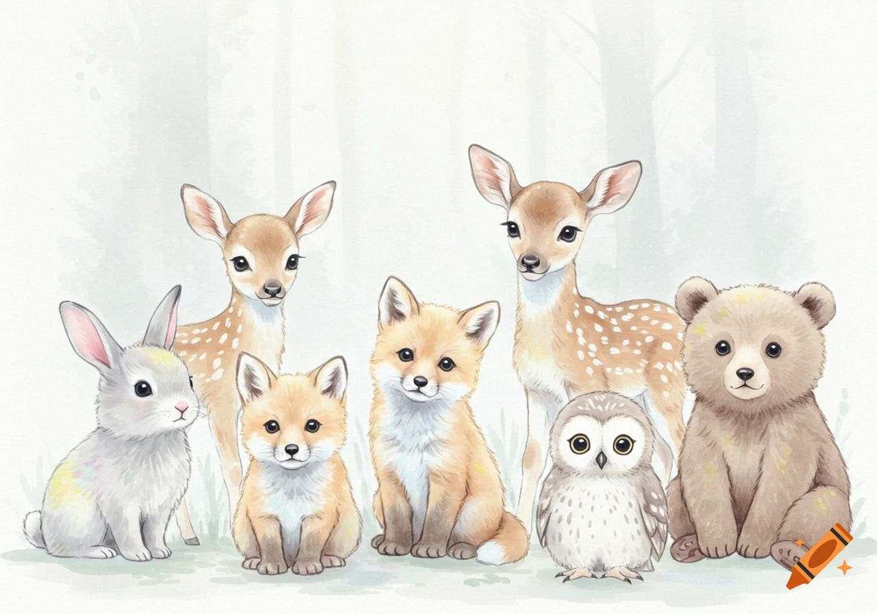 Watercolor illustration of seven cute baby woodland animals, including deer, foxes, a rabbit, an owl, and a bear, on a light background.