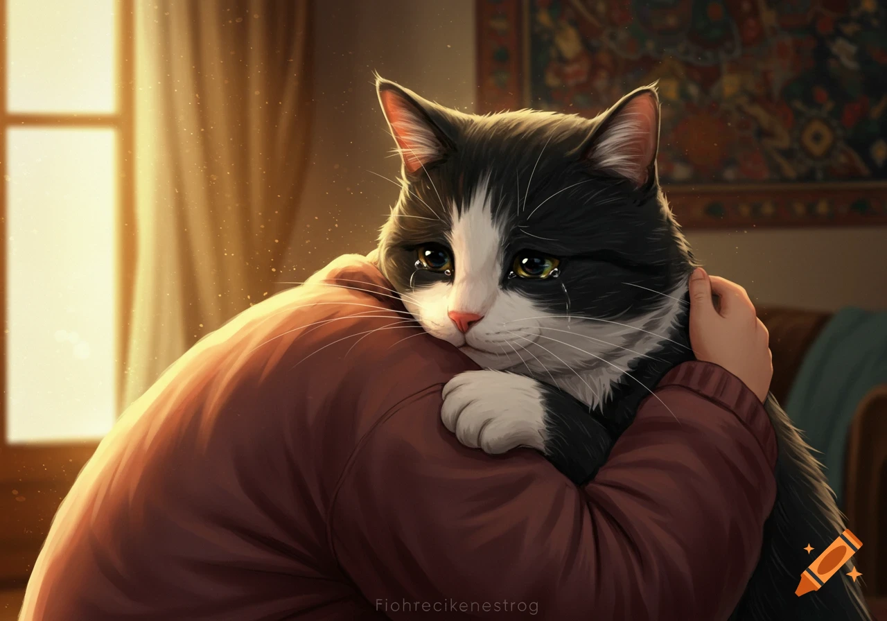 A digital painting of a person in a red sweater hugging a crying black and white tuxedo cat.
