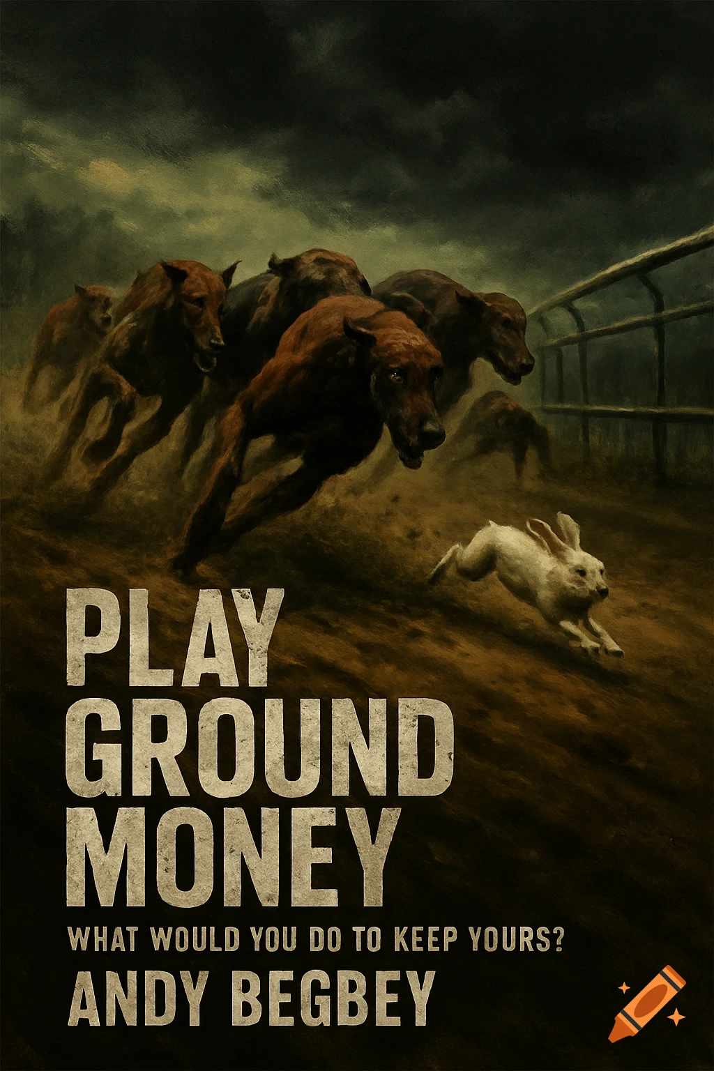 Dark, gritty book cover with dogs chasing a white rabbit on a dirt track, title 'PLAY GROUND MONEY'.
