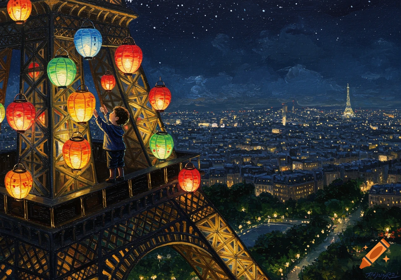 A whimsical oil painting of a little boy hanging colorful lanterns on the Eiffel Tower at night, overlooking the twinkling city of Paris.