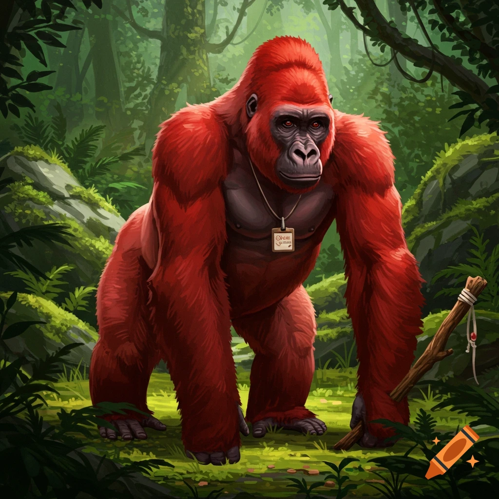 An illustrated red gorilla wearing a name tag, standing in a lush green jungle, holding a stick.