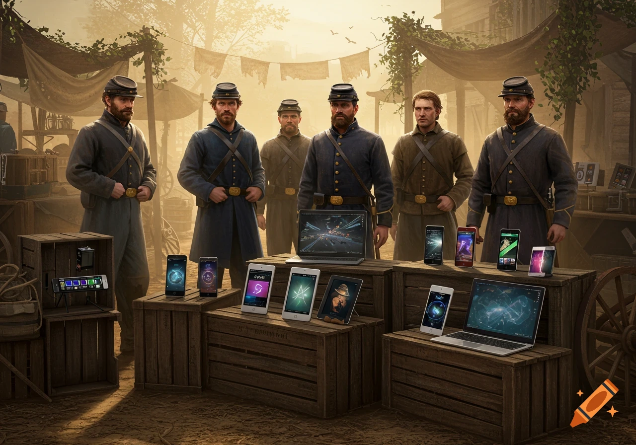 Photorealistic image of Civil War soldiers standing behind wooden crates displaying a variety of modern smartphones, tablets, and laptops in an outdoor market setting.