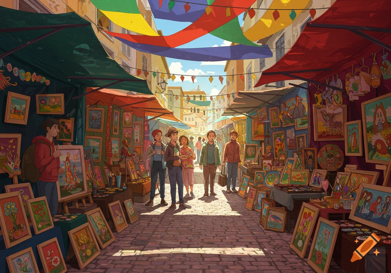 A colorful outdoor art market with people browsing paintings and stalls under festive banners, in an illustrative style.
