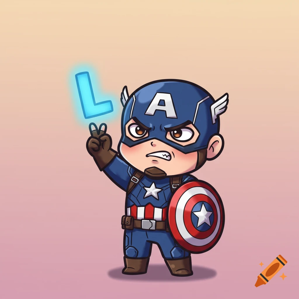 Chibi Captain America looking mad, holding up a glowing blue 'L' sign. Cartoon style.