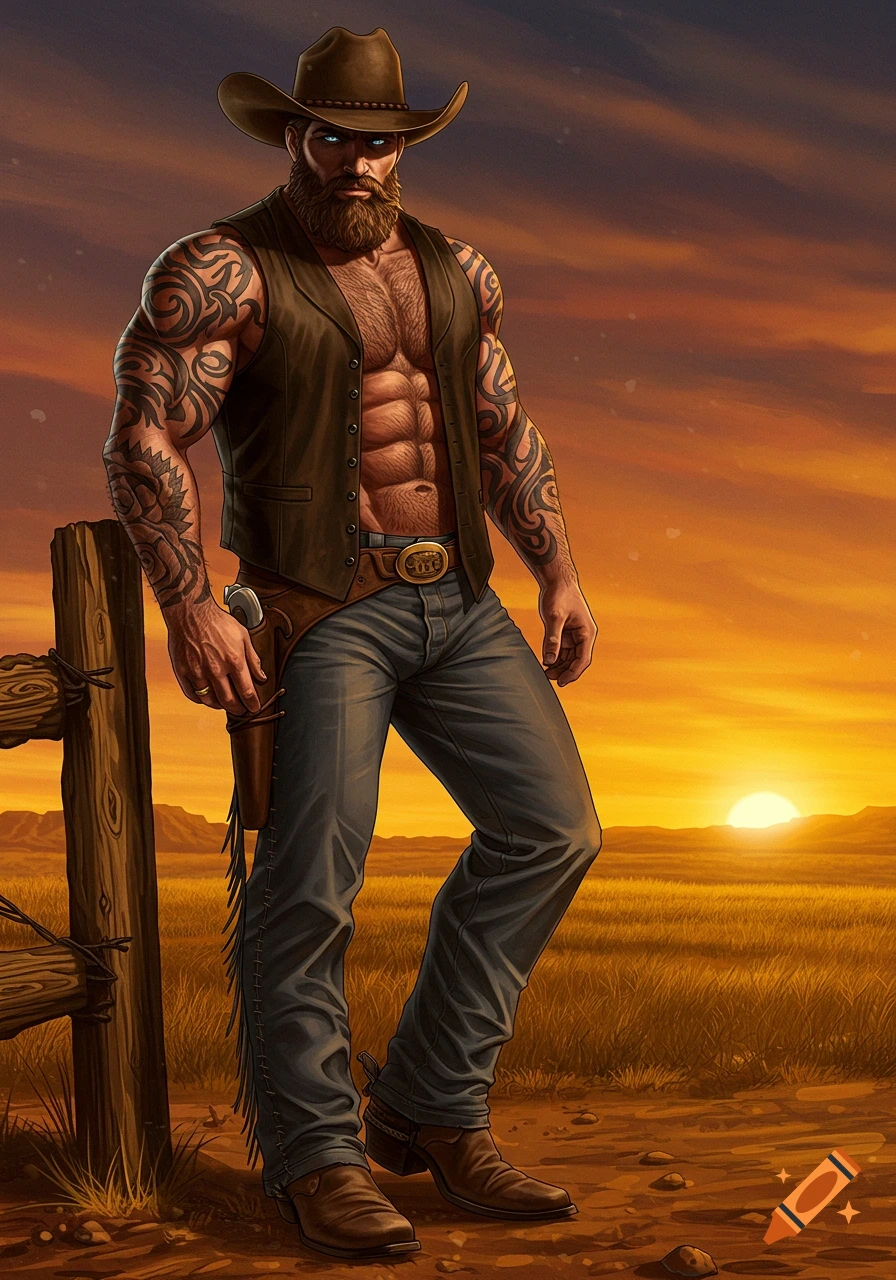 A muscular, tattooed, bearded cowboy in a vest and hat leans on a fence post against a vibrant sunset.