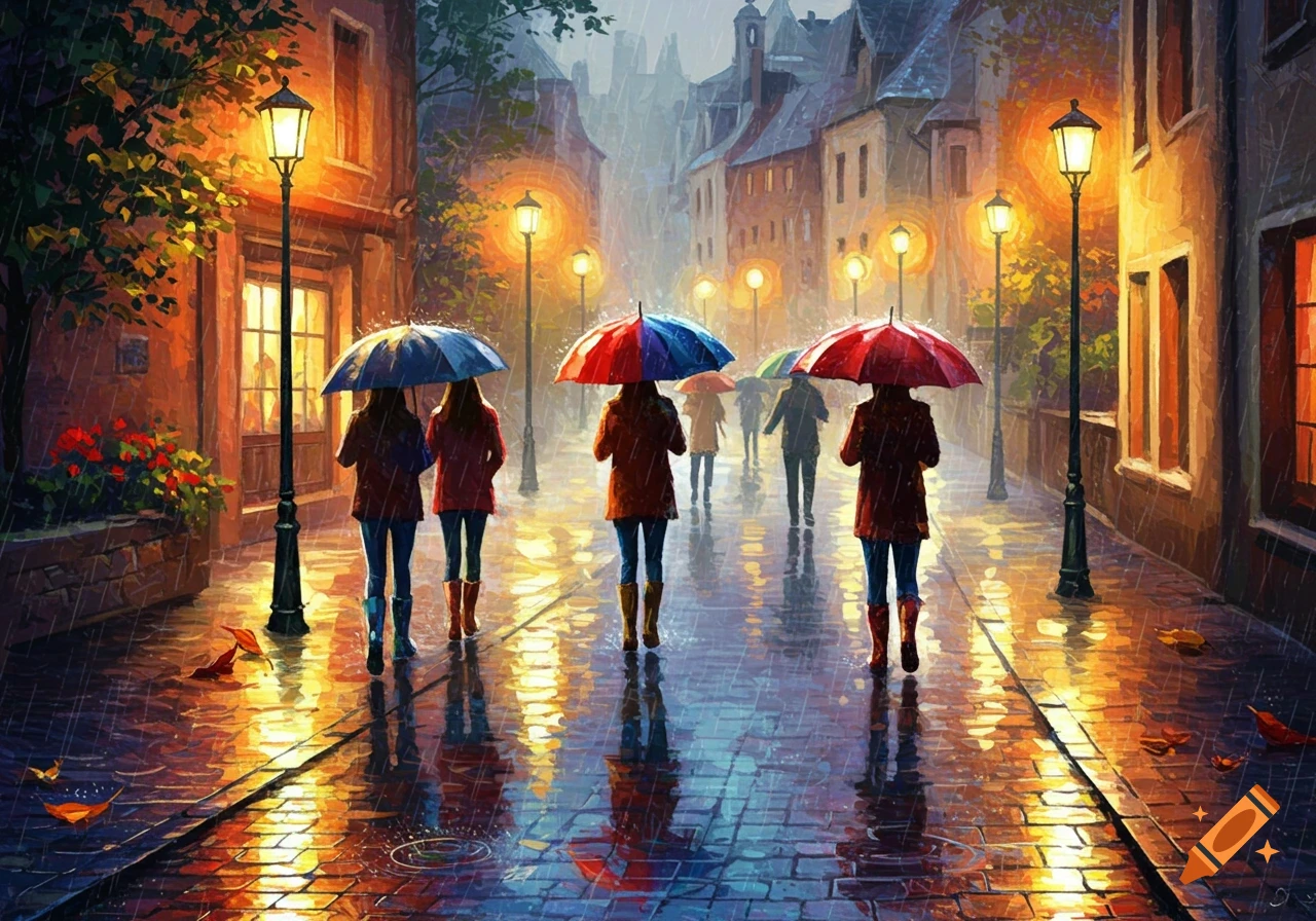 Painting of people walking down a rainy city street at night, illuminated by streetlights and reflections on the wet pavement, holding umbrellas.