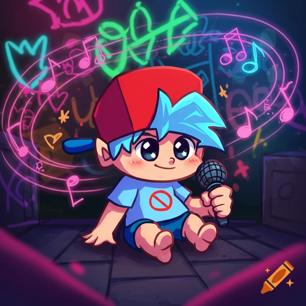 A cute cartoon baby character with blue spiky hair and a red cap, wearing a light blue shirt with a red crossed-out circle symbol, holding a microphone. Neon musical notes and abstract graffiti glow around him in a dark setting.