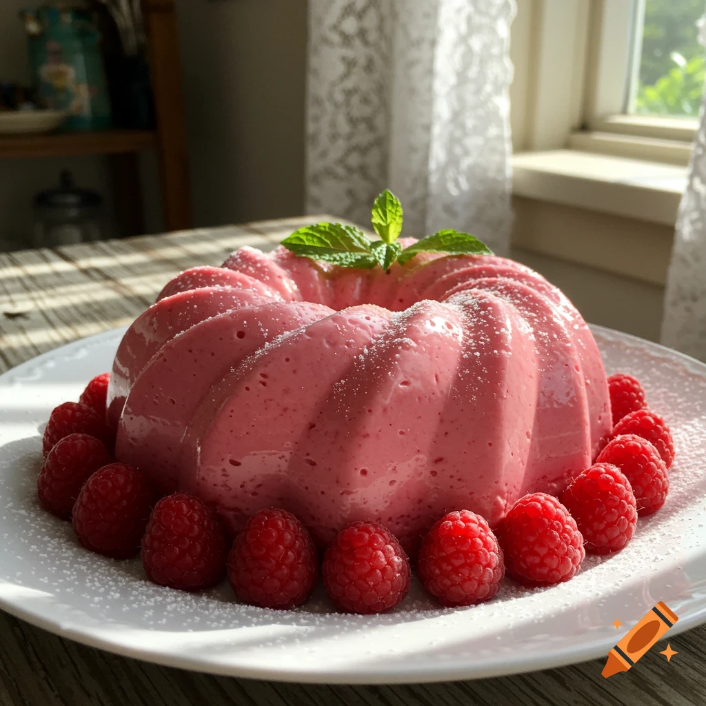 A pink blancmange dessert with raspberries and powdered sugar on a white plate.