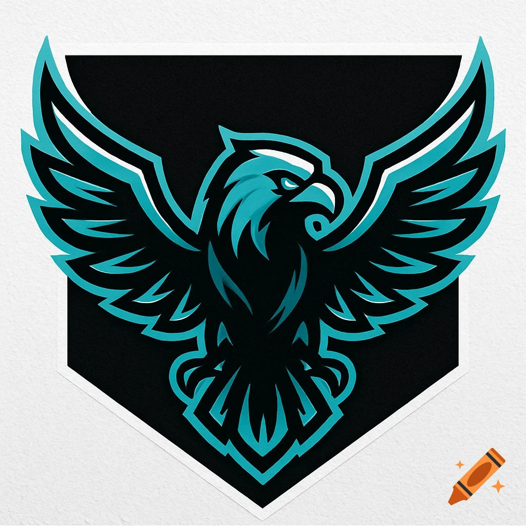 A stylized black and teal eagle logo with spread wings on a black shield, set on a white background.