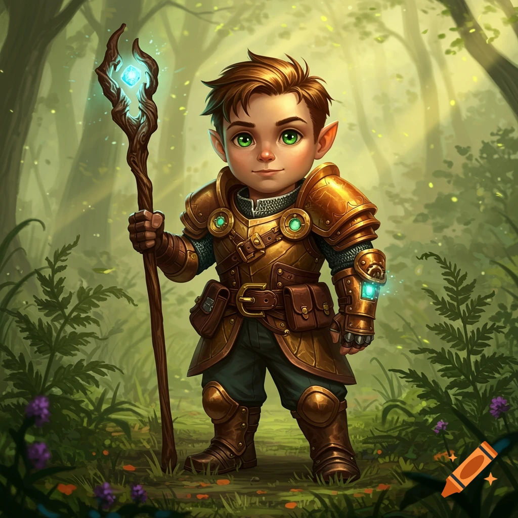 A small, elf-like male character in golden armor with green eyes holds a magical staff in a forest.