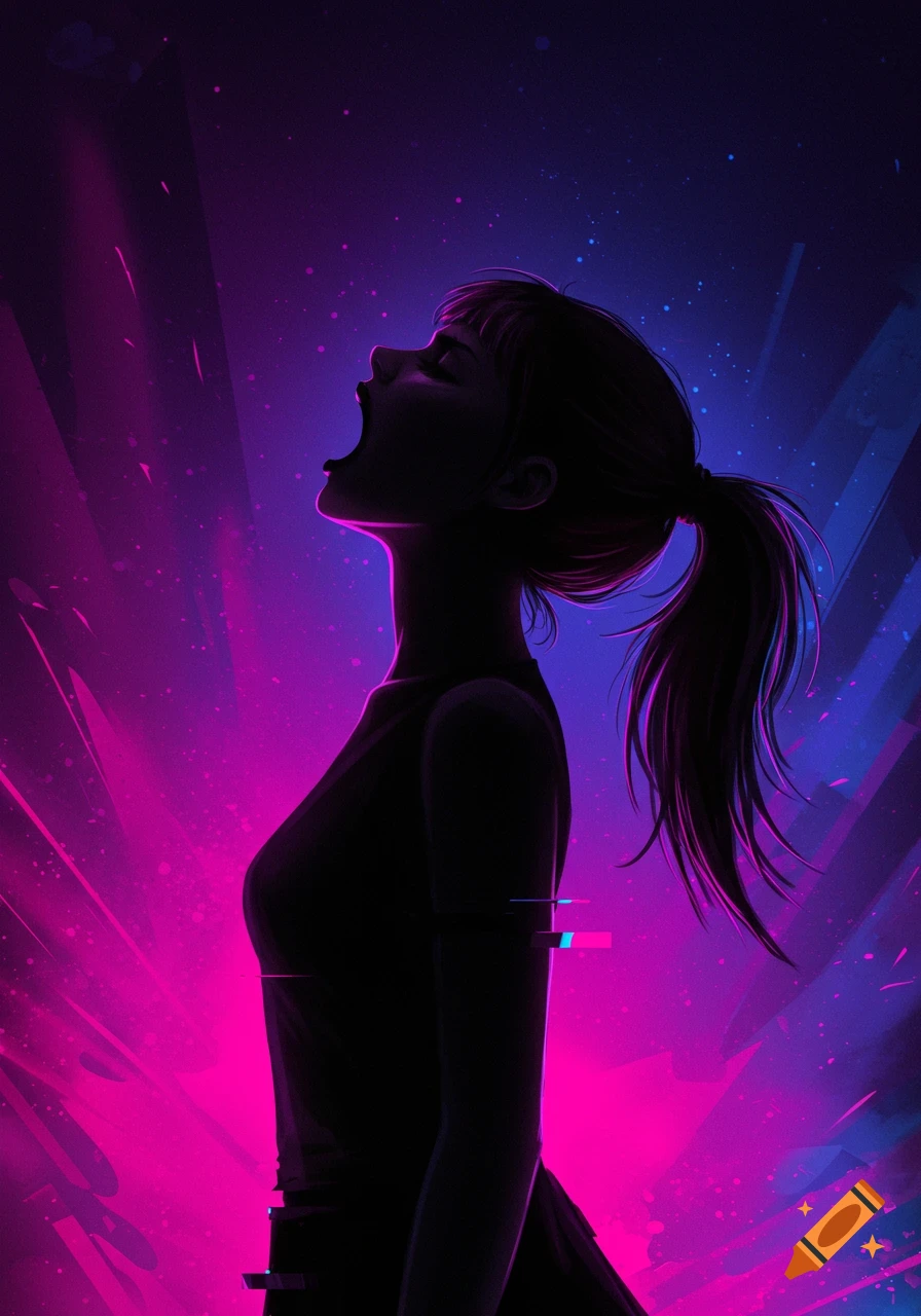 A silhouette of a girl with a high ponytail screaming, highlighted by vibrant neon pink and blue light in an edgy, glitchy style.