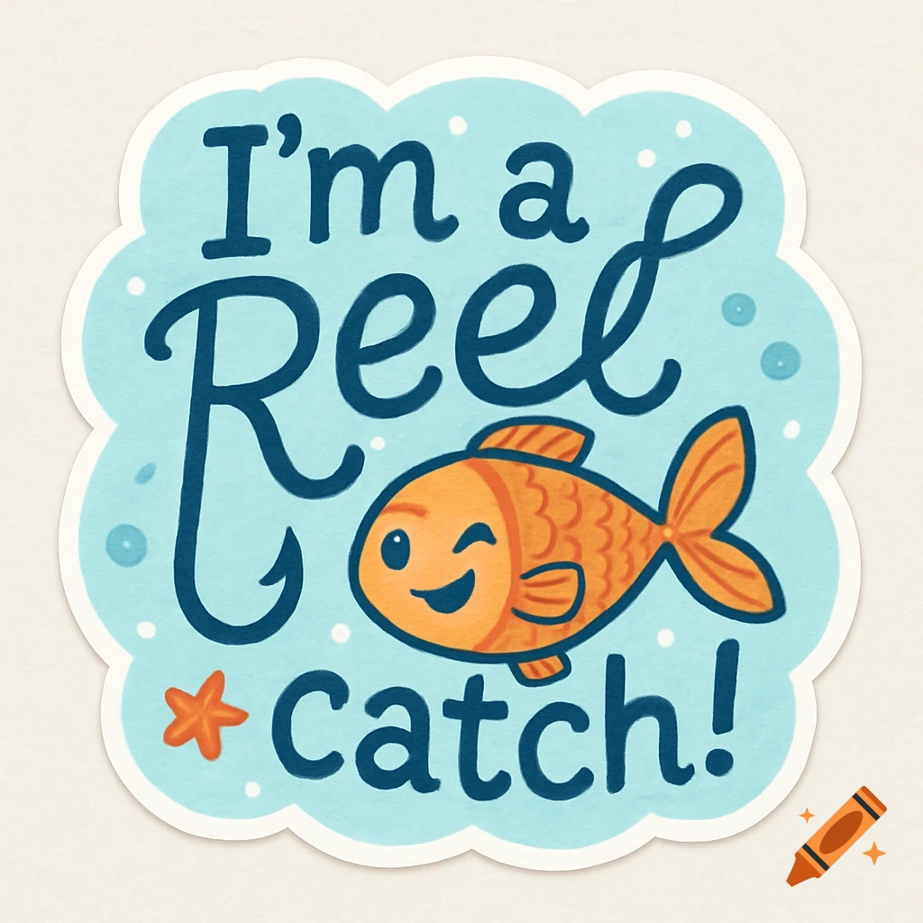 A cartoon sticker of a winking orange fish with the text 'I'm a Reel catch!' on a light blue background.