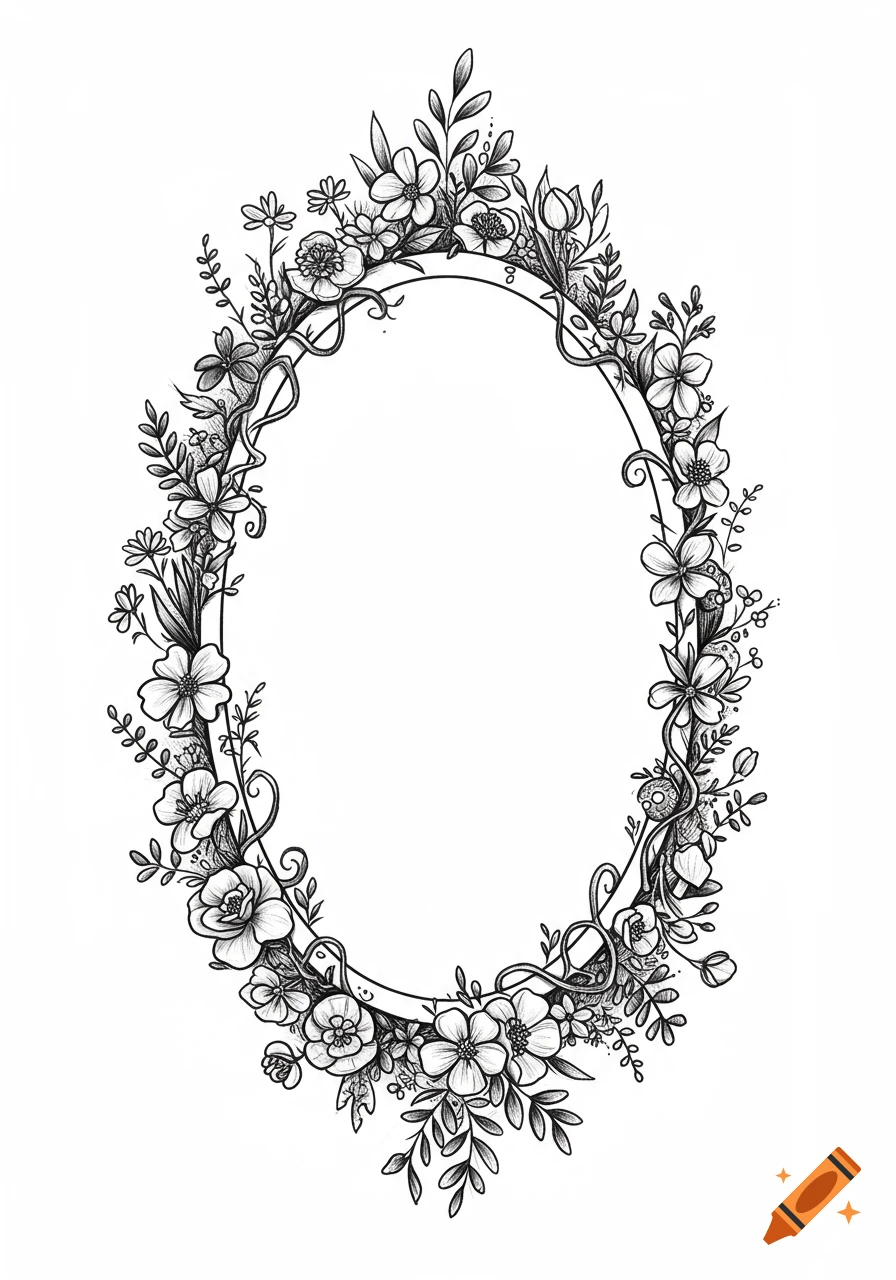 Black and white line drawing of an intricate oval floral frame adorned with various flowers and leaves.