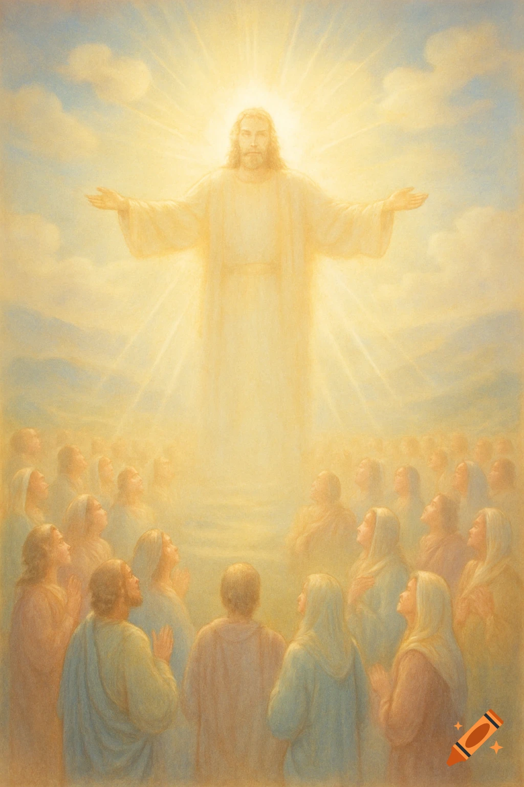 Jesus Christ in a glowing white robe with outstretched arms, surrounded by radiating light, looks down upon a crowd of people looking up at him.